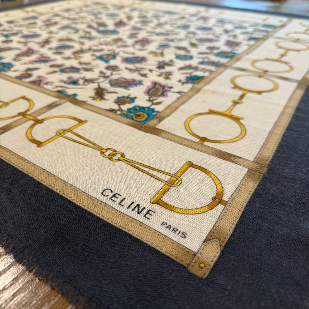 Celine Silk Scarf 90 Carré Floral Navy Ivory Made in France - Picture 2 of 14